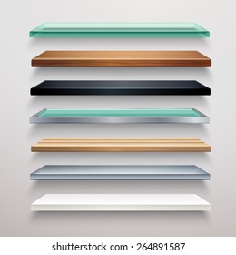 Realistic metal glass wood and plastic bookstore shelves set isolated vector illustration