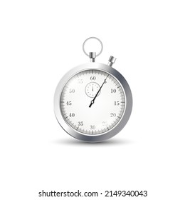 Realistic metal glossy stopwatch with arrow pointing to five seconds, vector illustration isolated on white background. Reflections, ground shadow. Timer for sport activities