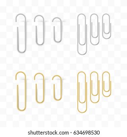 Realistic metal and gold paper clips set. Isolated and attached. Vector illustration in transparent technique