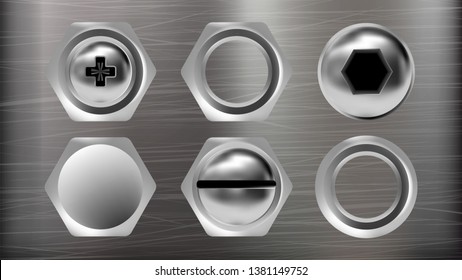 Realistic Metal Head Of Screw And Bolt Set Vector. Collection Of Different Ironware Type Detail Screw And Stainless Rivet. Top View Isolated On Silver Colored Background. 3d Illustration