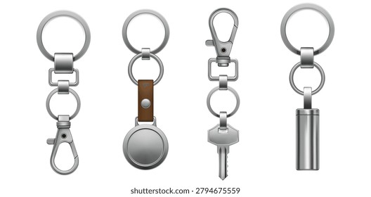 Realistic Metal Keychain Collection with Ring Hook Clasp and Key Holder Accessories Isolated Vector Set