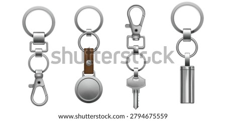 Realistic Metal Keychain Collection with Ring Hook Clasp and Key Holder Accessories Isolated Vector Set