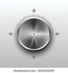 Botão de metal realista para controle de volume de áudio com textura de aço escovado, design de discagem 3D moderno e acabamento cromado — perfeito para elementos de interface do usuário, ajuste de som ou modelos de interface de usuário técnica.