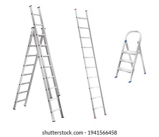Realistic metal ladders  Set step ladder   stair cases for household white background  Isolated aluminum staircases  3d vector illustration