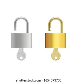 Realistic metal lock with key isolated on white background. Vector illustration. Eps 10.