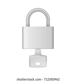 Realistic metal lock with key. Vector illustration of protection, security, safety, property rent, sale, purchase or lease. Closed padlock