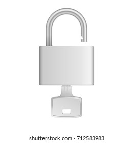 Realistic metal lock with key. Vector illustration of protection, security, safety, property rent, sale, purchase or lease. Opened padlock