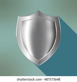 realistic metal looked silver shield with shadow and lighting effect with blue background.