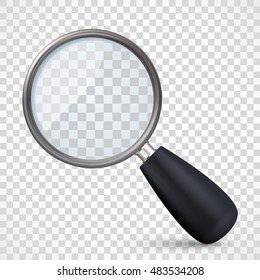 Realistic metal magnifying glass icon on transparent checkered background. Vector illustration