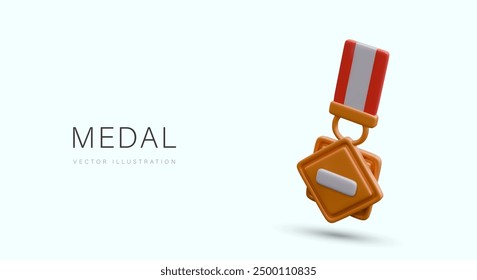 Realistic metal medal with fabric mounting. Color vector mockup with white space for text