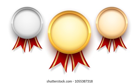 Realistic metal medals set gold silver and bronze. Red glossy ribbons with golden stripes. Template for web app winner certificate. Vector illustration isolated on white background. High quality.