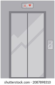 Realistic metal modern elevator with closed door. Lifting mechanism of new lift with up and down buttons. Lift for transporting people between floors of building. Elevator with stage number panel