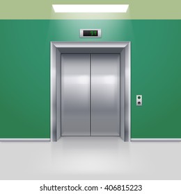 Realistic Metal Modern Elevator with Closed Door in Green Hall