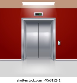 Realistic Metal Modern Elevator with Closed Door in Red Hall
