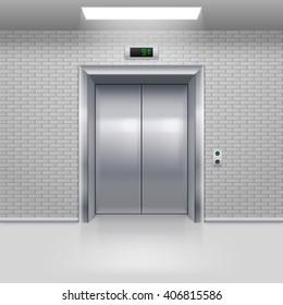 Realistic Metal Modern Elevator with Closed Door in a Brick Wall
