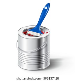 Realistic Metal Paint Can With Red Color And Bristle Brush With Blue Handle