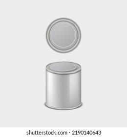 Realistic Metal Paint Tin Can With Lid Isolated. Chrome Bucket For Storage Template Empty Icon 3d. Steel Canister Mockup. Vector Illustration