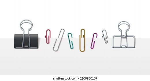 Realistic metal paper binder clips, clamps and sheet holders. Office paperclips attached to white page. Office clip attachment vector set. Fastener for business documents and paperwork