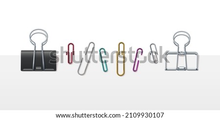 Realistic metal paper binder clips, clamps and sheet holders. Office paperclips attached to white page. Office clip attachment vector set. Fastener for business documents and paperwork