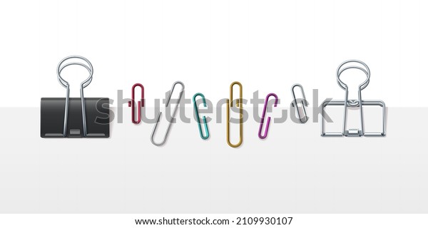 Realistic metal paper binder clips, clamps and\
sheet holders. Office paperclips attached to white page. Office\
clip attachment vector set. Fastener for business documents and\
paperwork