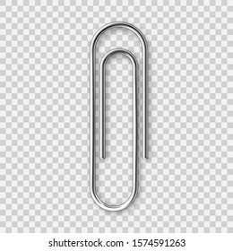 Realistic metal paper clip isolated on transparent background. Page holder, binder. Vector illustration.