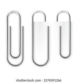 Realistic metal paper clip isolated on white background. Page holder, binder. Vector illustration.