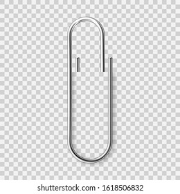 Realistic metal paper clip on checkered background. Page holder, binder. Vector illustration.