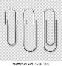 Realistic metal paper clip on checkered background. Page holder, binder. Vector illustration.