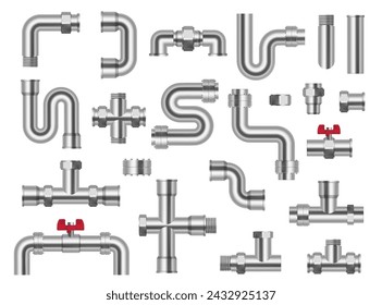  Realistic Metal pipeline. industrial conduit with connections and valves. Vector 3D Pipe construction kit. Vector engineering plumbing system