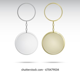 Realistic Metal and Plastic Keychains Set Round Designs web element vector. Gold keychains.