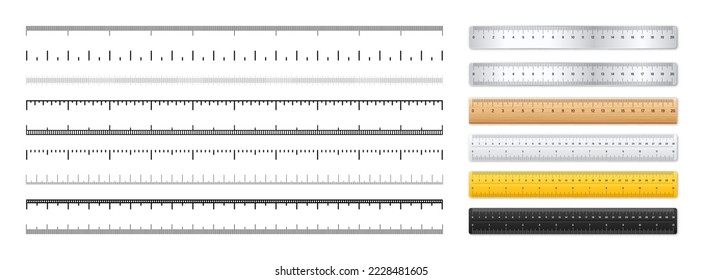 Realistic metal and plastic rulers. Measurement scales with divisions. Scale for measuring length or height in centimeters, inches. Ruler, tape measure marks, size indicators. Vector illustration