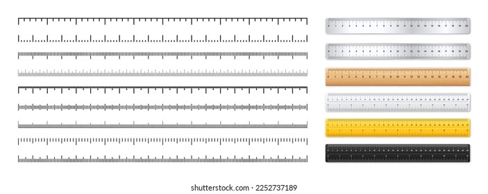 Realistische Lineale aus Metall und Kunststoff. Messwaage mit Trennflächen. Skalierung für die Messung von Länge oder Höhe in Zentimetern, Zoll. Lineal, Maßmarken, Größenanzeigen. Vektorgrafik