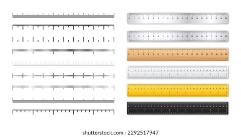 Realistic metal and plastic rulers. Measurement scales with divisions. Scale for measuring length or height in centimeters, inches. Ruler, tape measure marks, size indicators. Vector illustration