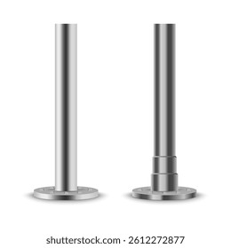 Realistic metal pole with chrome cylinder and vertical signpost design includes steel structure and aluminum mockup for road sign board and street direction on isolated white background illustration