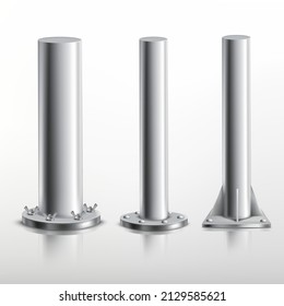 Realistic metal pole. Metalic or aluminum base of steel pillar, iron structure pipe for lighting road, round palo circular column stand billboard post, 3d vector illustration. Pole realistic chrome