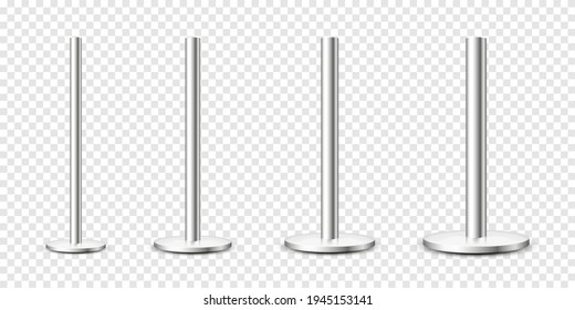 Realistic metal poles collection isolated on transparent background. Glossy steel pipes of various diameters. Billboard or advertising banner mount, holder. Vector illustration.