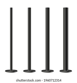 Realistic metal poles collection isolated on white background. Glossy black steel pipes of various diameters. Billboard or advertising banner mount, holder. Vector illustration.