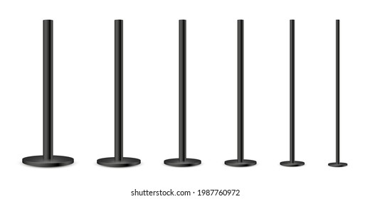 Realistic metal poles collection isolated on white background. Glossy black steel pipes of various diameters. Billboard or advertising banner mount, holder. Vector illustration.
