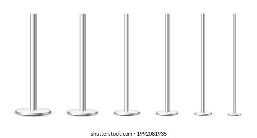 Realistic metal poles collection isolated on white background. Glossy steel pipes of various diameters. Billboard or advertising banner mount, holder. Vector illustration.
