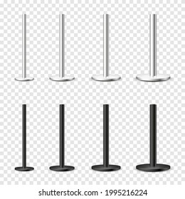 Realistic metal poles collection isolated on transparent background. Glossy steel pipes of various diameters. Billboard or advertising banner mount, holder. Vector illustration.