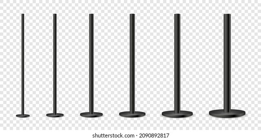 Realistic metal poles collection isolated on transparent background. Glossy black steel pipes of various diameters. Billboard or advertising banner mount, holder. Vector illustration.