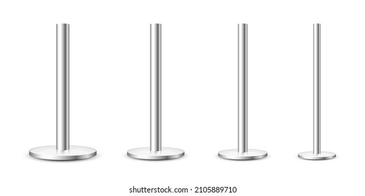 Realistic metal poles collection isolated on white background. Glossy steel pipes of various diameters. Billboard or advertising banner mount, holder. Vector illustration.