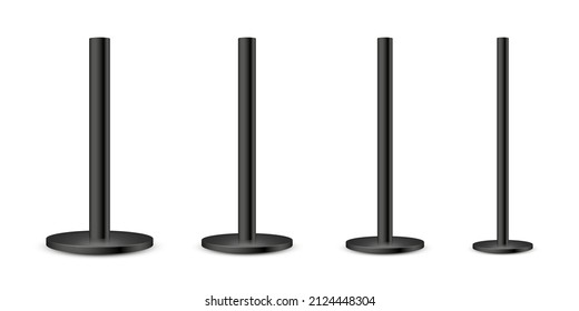 Realistic metal poles collection isolated on white background. Glossy black steel pipes of various diameters. Billboard or advertising banner mount, holder. Vector illustration.