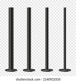 Realistic metal poles collection isolated on transparent background. Glossy black steel pipes of various diameters. Billboard or advertising banner mount, holder. Vector illustration.