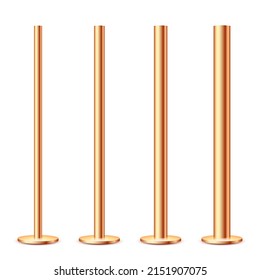 Realistic metal poles collection isolated on white background. Glossy bronze pipes of various diameters. Billboard or advertising banner mount, holder. Vector illustration.