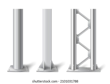 Realistische Metallpolen. Vertikalsäulen aus silbernem Metall, glänzende Aluminiumkonstruktion. Metalllagersäule-Set. Silber-Stahlglanz, Plakatwand und Straßenbeleuchtung, Konstruktion. Vektorgrafik