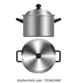 Realistic Metal Pot or Casserole Top View and Side Kitchen Utensils for Home and Restaurant. Vector illustration