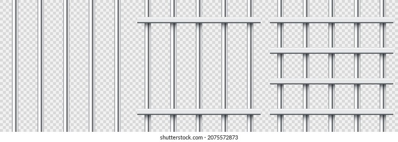 Realistic metal prison bars. Detailed jail cage, prison iron fence. Criminal background mockup. Creative vector illustration.