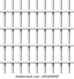 Realistic metal prison bars isolated on white background. Detailed jail cage, prison iron fence. Criminal background mockup. Creative vector illustration.