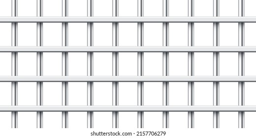 Realistic metal prison bars isolated on white background. Detailed jail cage, prison iron fence. Criminal background mockup. Creative vector illustration.